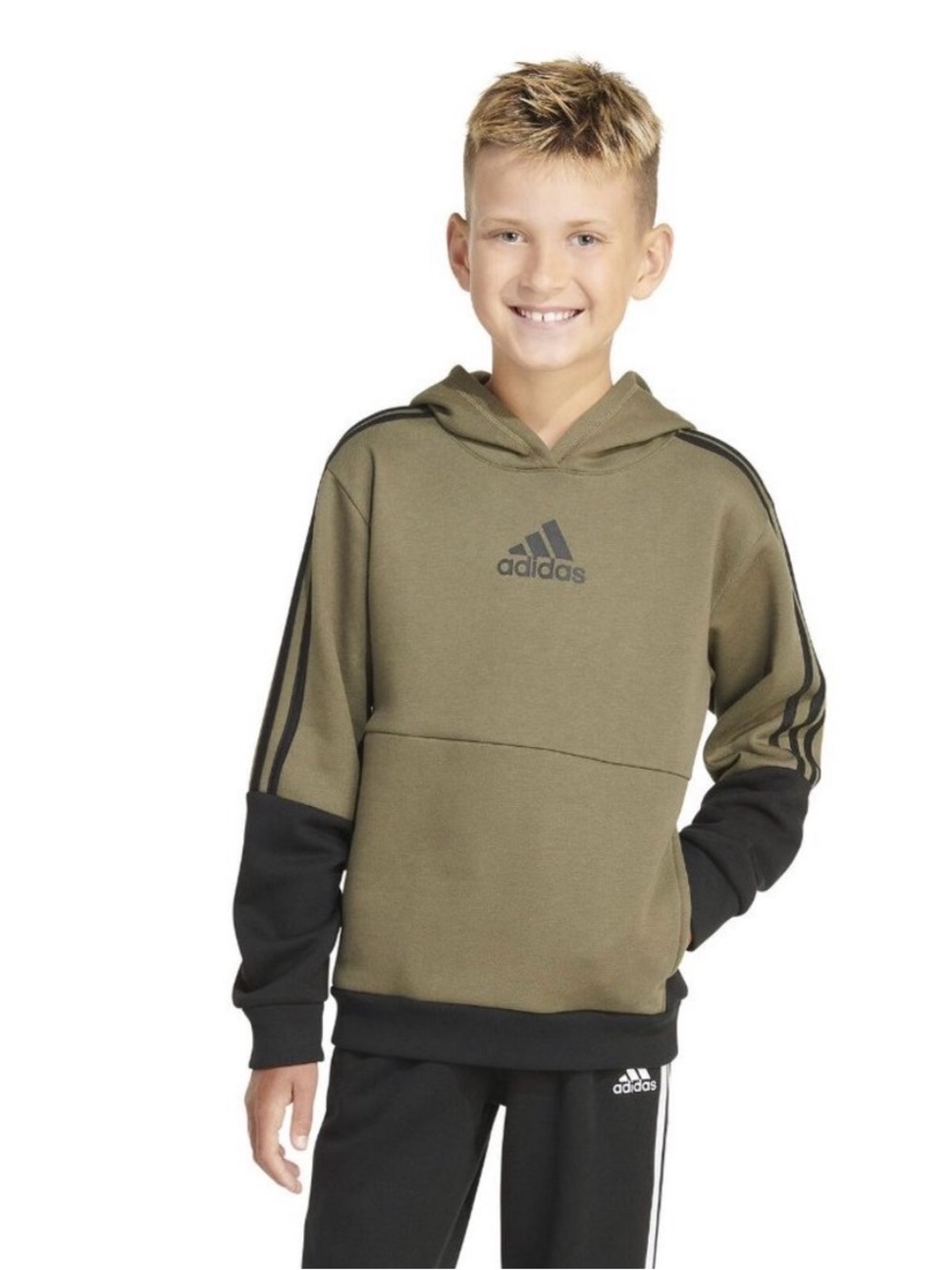 Adidas Olive green and black colorblock fleece hoodie youth size L